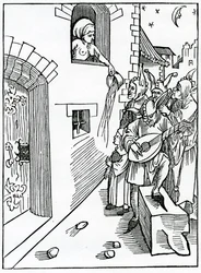 Of nyght watchers and beters of the stretes playnge by nyght on instrumentes and vsynge lyke folyes whan tyme is to rest, illustration from Alexander Barclay